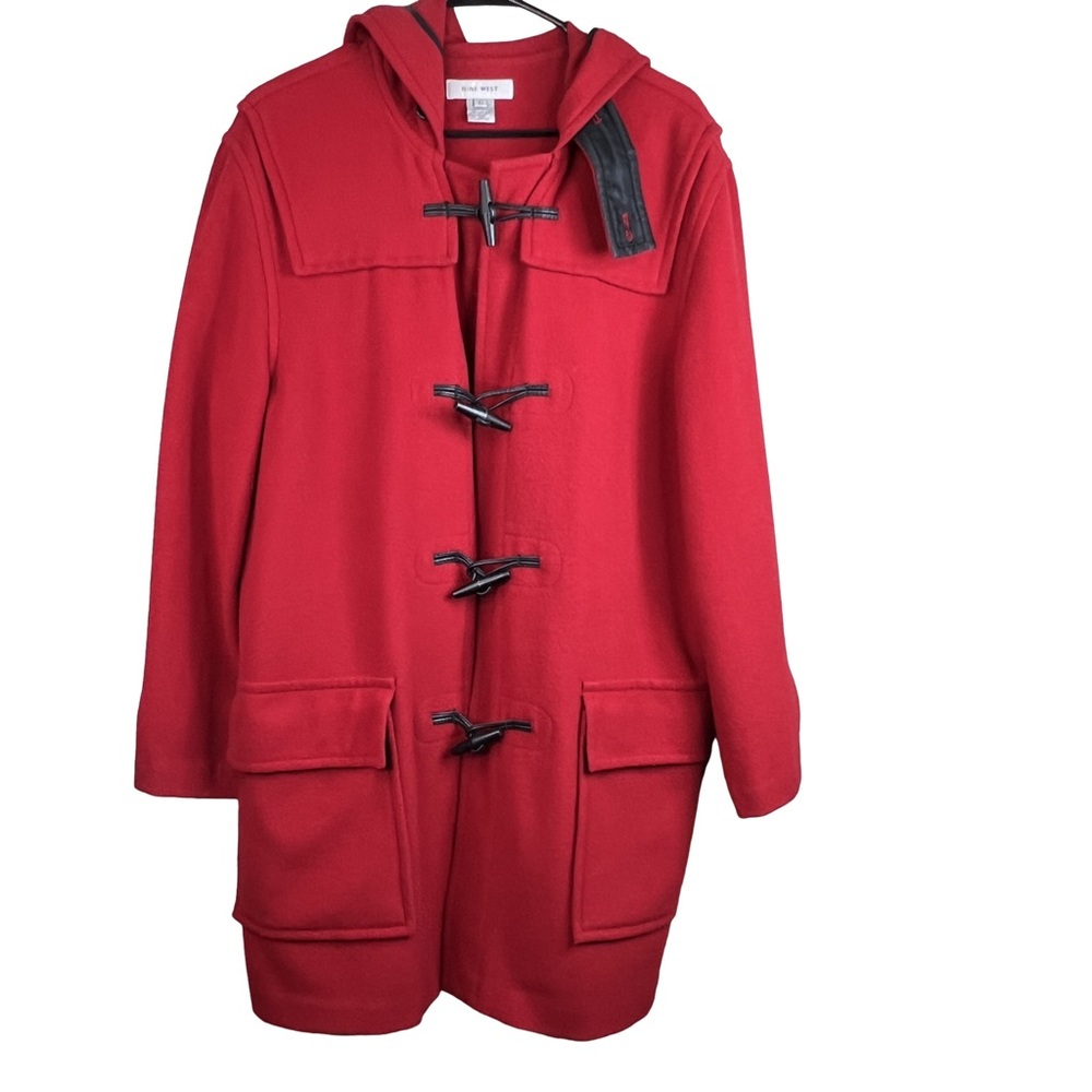 Vintage Nine West Large Red Coat w/Hood Pockets & Black Toggle Closures …